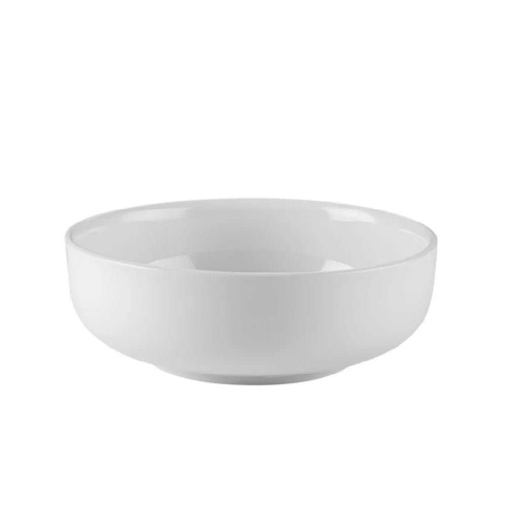 Salad/Pasta Bowl Wide Well PW 55oz 8 1/4" (12/Case) – A generous 55-ounce wide-well salad and pasta bowl with an 8 1/4-inch diameter, designed for elegant presentation of large salads, pasta dishes, or shared servings. Finished in PW (Pure White), it offers a clean, classic look. Crafted from durable, commercial-grade stoneware, ideal for restaurants, cafés, and catering service.