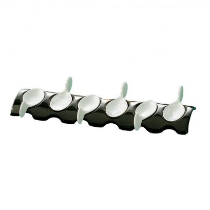 C.A.C. PT-RT13 tasting spoon set with six tasting spoons and black rectangular tray, case of 12