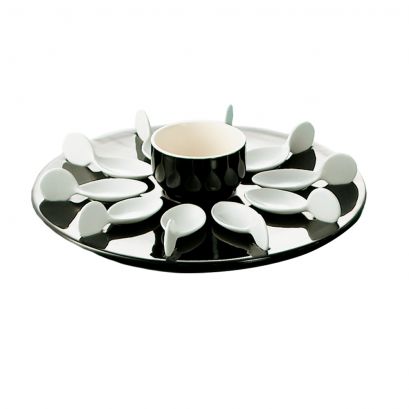 C.A.C. PTP-21 black/white bowl with tasting spoons and round black serving tray, 4 per case.