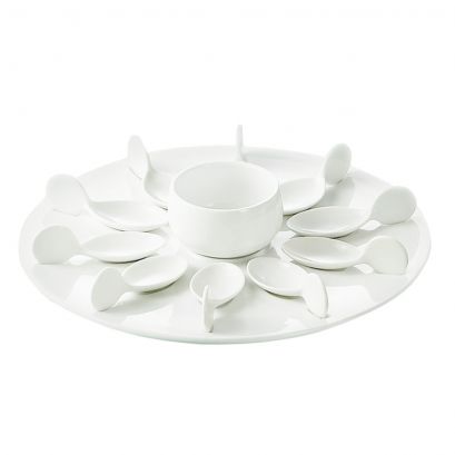 C.A.C. PTP-21-W white 7 oz bowl with 10 tasting spoons and 12 1/4" tray, case of 4