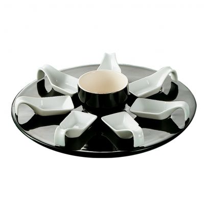 C.A.C. PTP-23-BLK tasting set with 7 oz black/white bowl, 7 square spoons, and 12 3/4" black tray, case of 4