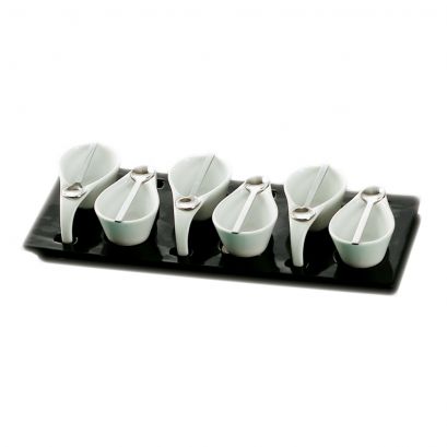 C.A.C. PTP-6-B tasting set with six 2 oz cups, six spoons, and black rectangular tray, case of 8