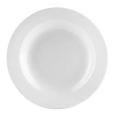 Rim Soup Plate 10oz 8 7/8" (24/Case) – An 8 7/8-inch rim soup plate with a 10oz capacity, designed for soups, pasta, and sauced dishes. The wide rim offers a clean presentation and easy handling. Made from durable, commercial-grade ceramic, ideal for restaurants, hotels, and catering service.