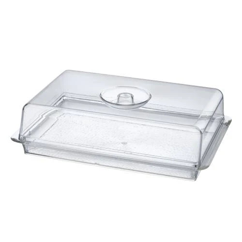 Clear tray with dome lid in rectangle, oblong, and square shapes, ideal for serving appetizers, pastries, and desserts while keeping food fresh at catering events, parties, and gatherings.