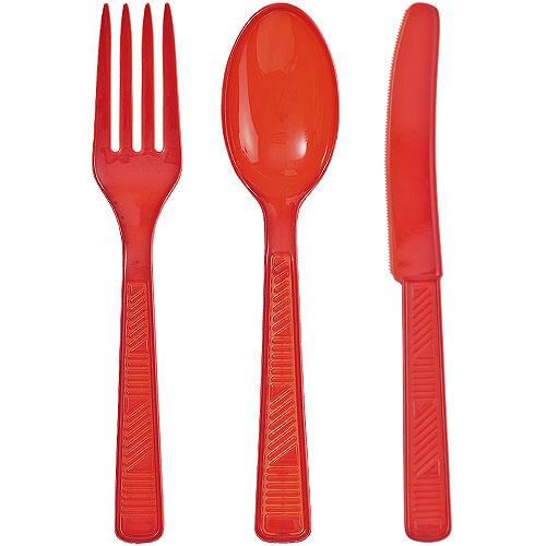 Colorful plastic cutlery set in pink, red, light blue, hot pink, silver, gold, blue, and black. Includes a fork, spoon, and knife. Durable, disposable, and perfect for events, catering, and takeout.