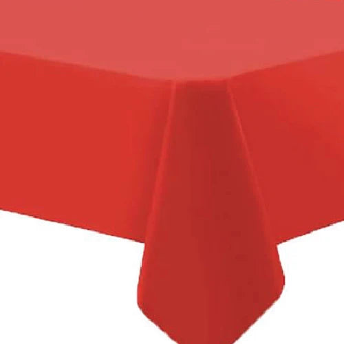 54"x108" table cover in white, red, blue, ivory, yellow, silver, lime green, hot pink, orange, black, green, gold, purple, and hunter green. Durable, disposable, and perfect for events.