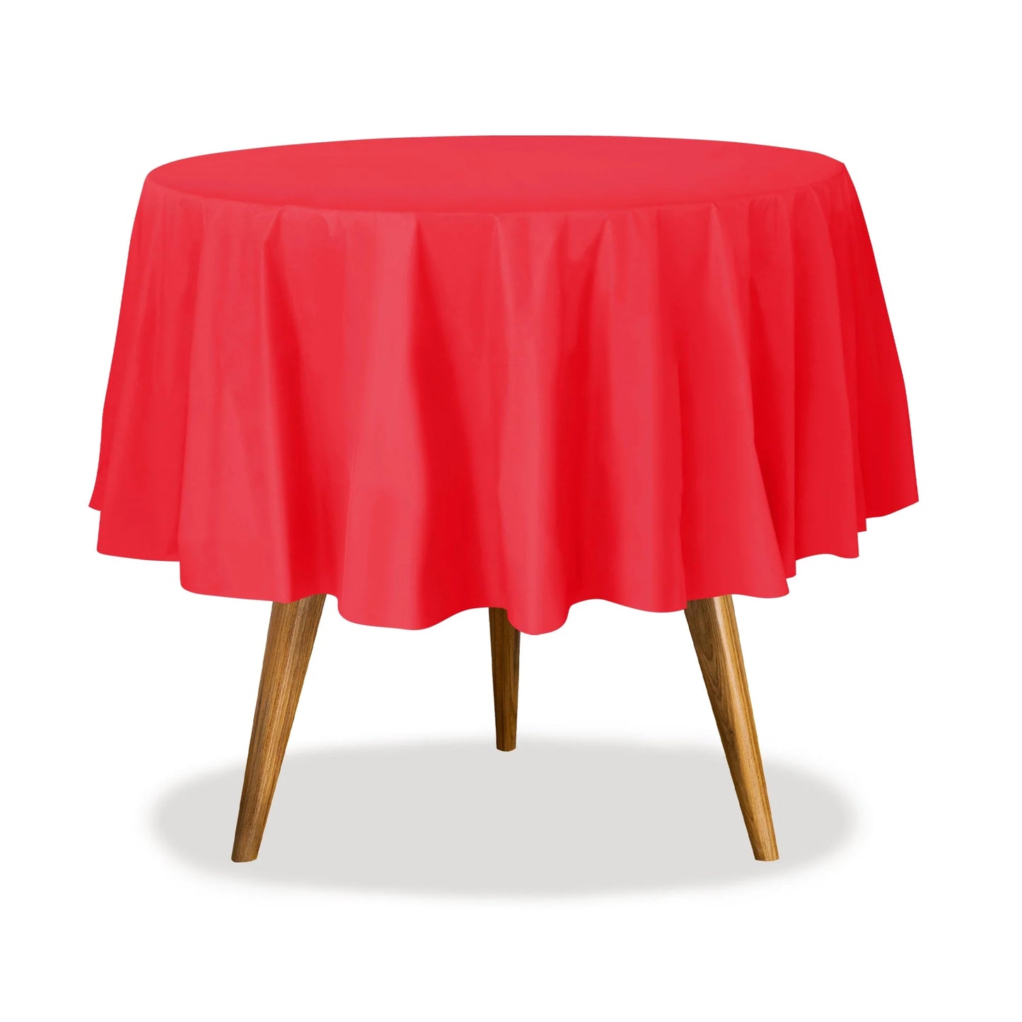 84" round table cover in white, red, blue, gold, yellow, black, silver, lime green, hot pink, orange, purple, and green. Durable, disposable, and perfect for events, parties, and catering.