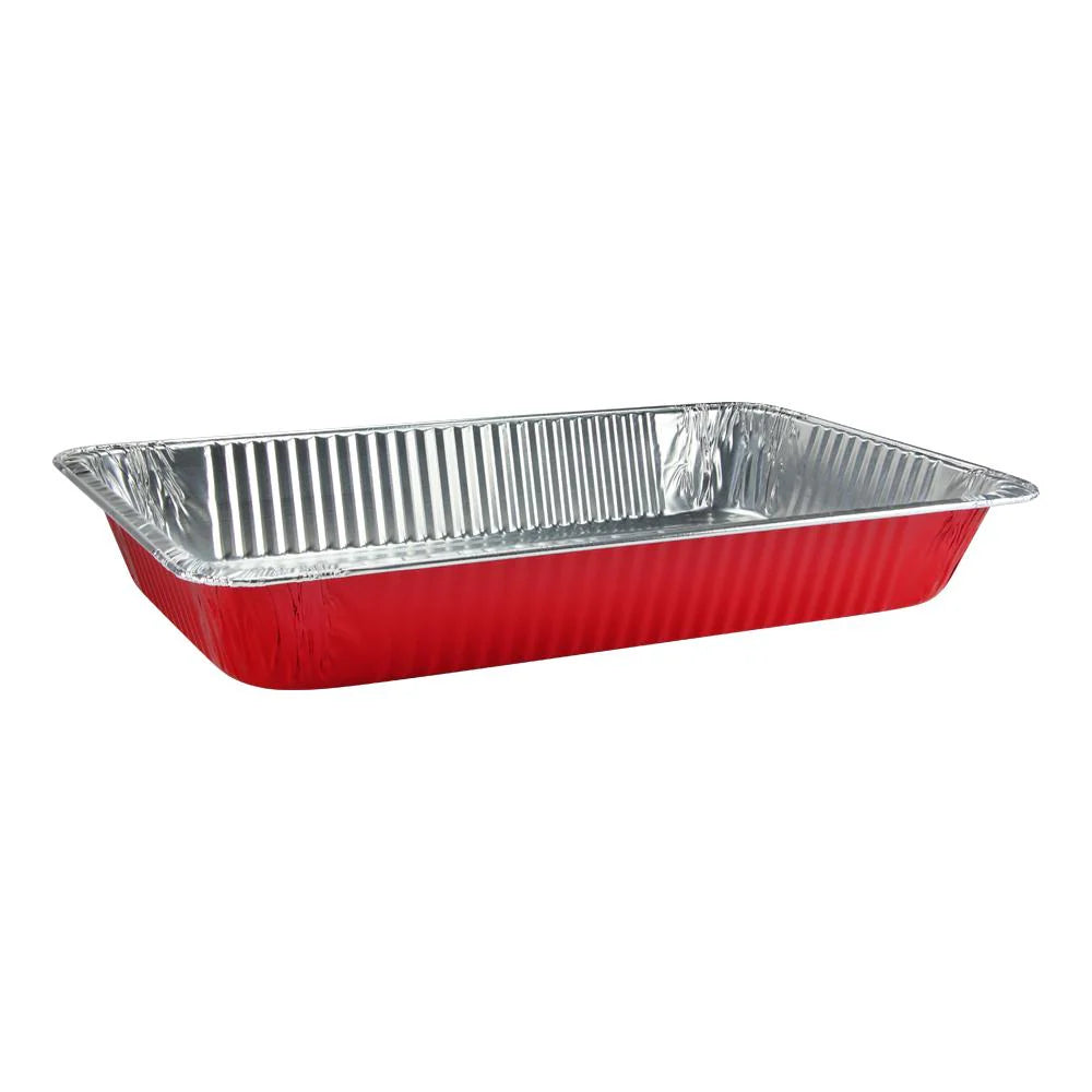 Full-size aluminum pan in red, white, black, gold, and pink. Heavy-duty, disposable, oven-safe, and durable. Great for baking, roasting, catering, and meal prep. Stylish and functional for all uses.
