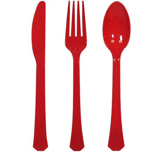 Plastic cutlery combo set with forks, knives, and spoons in Clear, Pearl, Yellow, Pink, Hydrangea, Light Blue, Silver, Gold, Island Blue, Red, Orange, Blue, Black, Hot Pink & Lime Green.