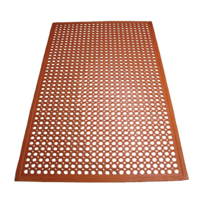 (Black, Red) Rubber Floor Mat Rolled 6/Pack the product is constructed of rubber and features a red color. For added safety, it is both anti-slip and grease resistant. This floor mat is great to have in busy kitchens to keep staff safe from falls.