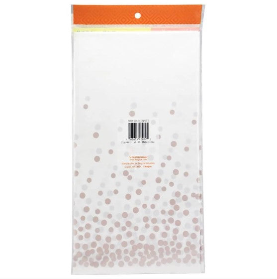 Confetti tablecover 54" x 108" in Silver, Gold, and Rose Gold. Durable, disposable, and festive design, perfect for weddings, parties, and special occasions. Adds sparkle and style to any celebration.