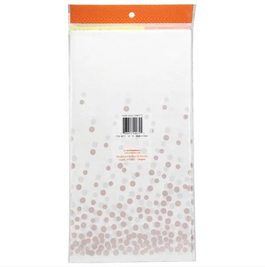 Confetti tablecover 54" x 108" in Silver, Gold, and Rose Gold. Durable, disposable, and festive design, perfect for weddings, parties, and special occasions. Adds sparkle and style to any celebration.