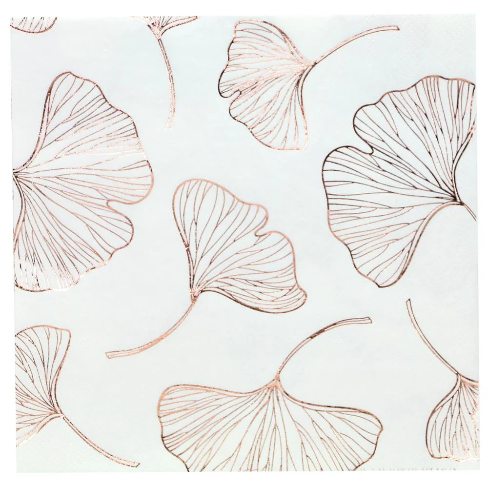 Elegant Gingko Lunch Napkins in gold, silver, and rose gold. Premium disposable napkins perfect for weddings, parties, and events. Soft, absorbent, and stylish for any table setting.