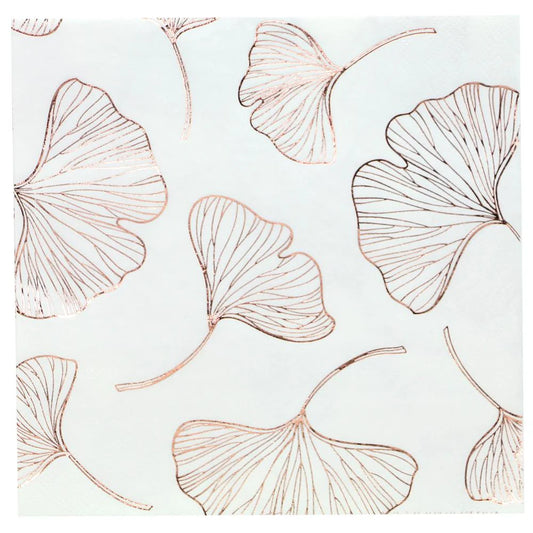 Elegant Gingko Lunch Napkins in gold, silver, and rose gold. Premium disposable napkins perfect for weddings, parties, and events. Soft, absorbent, and stylish for any table setting.