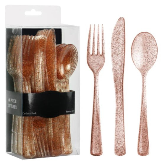 Glitter Combo Cutlery Box with premium disposable forks, knives, and spoons in Gold, Silver, Rose Gold, and Blue—perfect for weddings, parties, and catering events with a stylish, shimmering design.