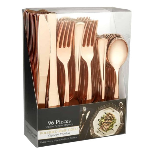 Polished Combo Box with premium disposable forks, knives, and spoons in Gold, Silver, and Rose Gold. Ideal for weddings, events, and catering with an elegant, high-end look and durable design.