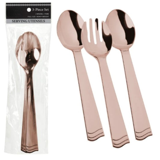 Polished 3-piece utensil set with 2 spoons and 1 fork in Gold, Silver, and Rose Gold. Elegant cutlery for weddings, fine dining, and upscale events.