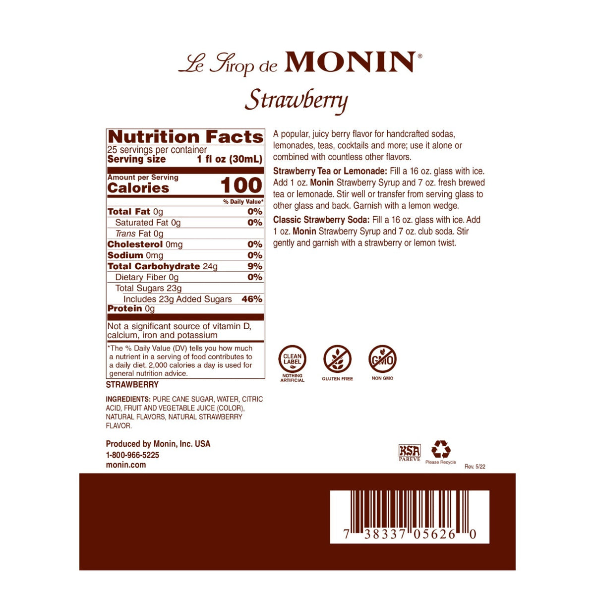 Monin Strawberry Syrup 750 mL Bottle additional product image