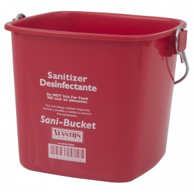 Stanton Trading 3-quart red sani-bucket designed for sanitizing solutions in commercial kitchens and foodservice settings. Built for food safety compliance, it meets HACCP guidelines and features clear labeling, a durable plastic construction, and a sturdy metal handle for easy transport.