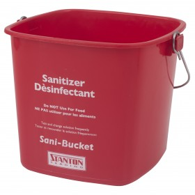 Stanton Trading 6-quart red sani-bucket designed for sanitizing solutions in commercial kitchens and foodservice settings. Built for food safety compliance, it meets HACCP guidelines and features clear labeling, a durable plastic construction, and a sturdy metal handle for easy transport.
