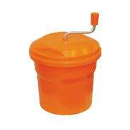 5-gallon salad spinner stanton trading made of durable orange plastic, featuring a hand-crank mechanism on the lid for manual spinning. The sturdy design helps efficiently remove excess water from washed greens, making it ideal for commercial or high-volume food preparation.