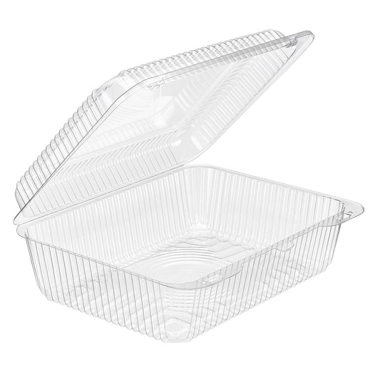 Clear hinged food storage clamshell container 9.94 x 7.38," "9.94 x 7.38 clear clamshell container for food storage