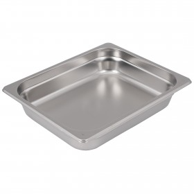 Half-size steam table pan stanton tarding carfted from standard gauge stainless steel, featuring a 2-1/2" depth for versatile food service use and an anti-jam design for easy stacking. NSF certified for food safety, perfect for commercial kitchens and catering services.