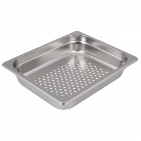 Half-size perforated steam table pan stanton trading crafted from durable stainless steel, featuring a 2" depth for efficient steaming and draining. Ideal for commercial kitchens and catering services.