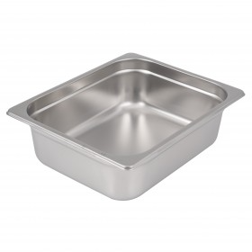 Half-size steam table pan stanton tarding carfted from standard gauge stainless steel, featuring a 4" depth for versatile food service use and an anti-jam design for easy stacking. NSF certified for food safety, perfect for commercial kitchens and catering services.