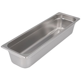 Half-size long steam table pan stanton trading crafted from standard gauge stainless steel, featuring a 4" depth for versatile food service use and an anti-jam design for easy stacking. NSF certified for food safety, perfect for commercial kitchens and catering services.