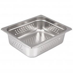Half-size perforated steam table pan stanton trading crafted from durable stainless steel, featuring a 4" depth for efficient steaming and draining. Ideal for commercial kitchens and catering services.