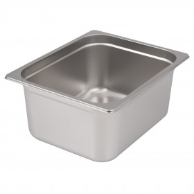 Half-size steam table pan stanton tarding carfted from standard gauge stainless steel, featuring a 6" depth for versatile food service use and an anti-jam design for easy stacking. NSF certified for food safety, perfect for commercial kitchens and catering services.
