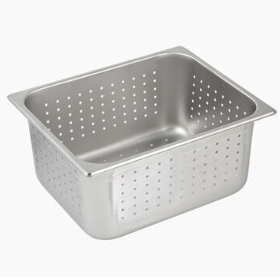 Half-size perforated steam table pan stanton trading crafted from durable stainless steel, featuring a 6" depth for efficient steaming and draining. Ideal for commercial kitchens and catering services.