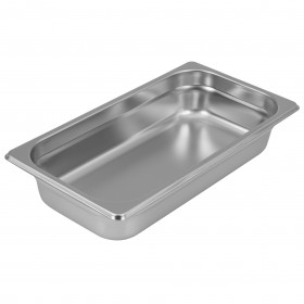 Third-size steam table pan stanton trading crafted from standard gauge stainless steel, featuring a 2-1/2" depth for versatile food service use and an anti-jam design for easy stacking. NSF certified for food safety, perfect for commercial kitchens and catering services.