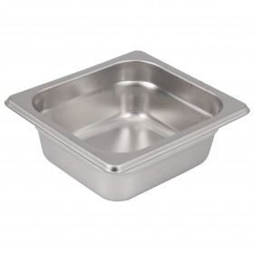Sixth-size steam table pan stanton trading crafted from standard gauge stainless steel, featuring a 2-1/2" depth for versatile food service use and an anti-jam design for easy stacking. NSF certified for food safety, perfect for commercial kitchens and catering services.