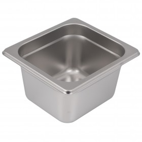 Sixth-size steam table pan stanton trading crafted from standard gauge stainless steel, featuring a 4" depth for versatile food service use and an anti-jam design for easy stacking. NSF certified for food safety, perfect for commercial kitchens and catering services.