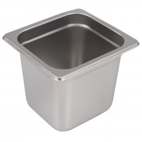 Sixth-size steam table pan stanton trading crafted from standard gauge stainless steel, featuring a 6" depth for versatile food service use and an anti-jam design for easy stacking. NSF certified for food safety, perfect for commercial kitchens and catering services.