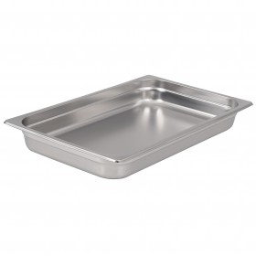 Full-size steam table pan stanton trading crafted from standard gauge stainless steel, featuring a 2-1/2" depth for versatile food service use and an anti-jam design for easy stacking. NSF certified for food safety, perfect for commercial kitchens and catering services.
