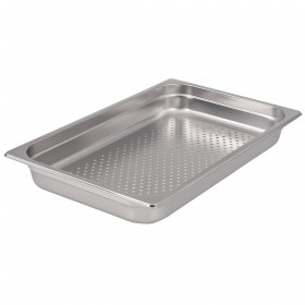 Full-size perforated steam table pan stanton trading crafted from durable stainless steel, featuring a 2" depth for efficient steaming and draining. Ideal for commercial kitchens and catering services.