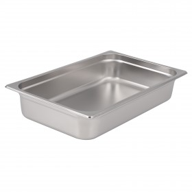 Full-size steam table pan stanton trading crafted from standard gauge stainless steel, featuring a 4" depth for versatile food service use and an anti-jam design for easy stacking. NSF certified for food safety, perfect for commercial kitchens and catering services.