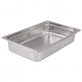 Full-size perforated steam table pan stanton trading crafted from durable stainless steel, featuring a 4" depth for efficient steaming and draining. Ideal for commercial kitchens and catering services.