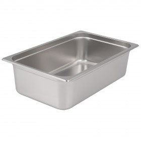 Full-size steam table pan stanton trading crafted from standard gauge stainless steel, featuring a 6" depth for versatile food service use and an anti-jam design for easy stacking. NSF certified for food safety, perfect for commercial kitchens and catering services.