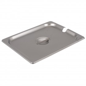 Half-size slotted steam table pan cover stanton trading constructed from durable stainless steel, designed to accommodate serving utensils while maintaining food temperature and sanitation. Ideal for commercial kitchens and catering services.