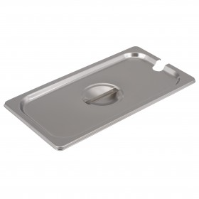 Third-size slotted steam table pan cover stanton trading constructed from durable stainless steel, designed to accommodate serving utensils while maintaining food temperature and sanitation. Ideal for commercial kitchens and catering services.