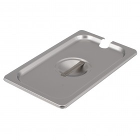 Fourth-size slotted steam table pan cover stanton trading constructed from durable stainless steel, designed to accommodate serving utensils while maintaining food temperature and sanitation. Ideal for commercial kitchens and catering services.