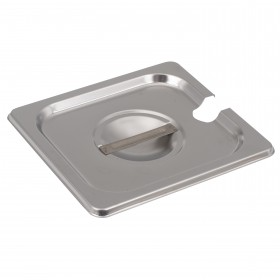Sixth-size slotted steam table pan cover stanton trading constructed from durable stainless steel, designed to accommodate serving utensils while maintaining food temperature and sanitation. Ideal for commercial kitchens and catering services.