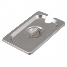 Ninth-size slotted steam table pan cover stanton trading constructed from durable stainless steel, designed to accommodate serving utensils while maintaining food temperature and sanitation. Ideal for commercial kitchens and catering services.