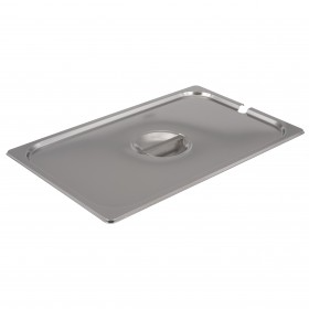 Full-size slotted steam table pan cover stanton trading constructed from durable stainless steel, designed to accommodate serving utensils while maintaining food temperature and sanitation. Ideal for commercial kitchens and catering services.