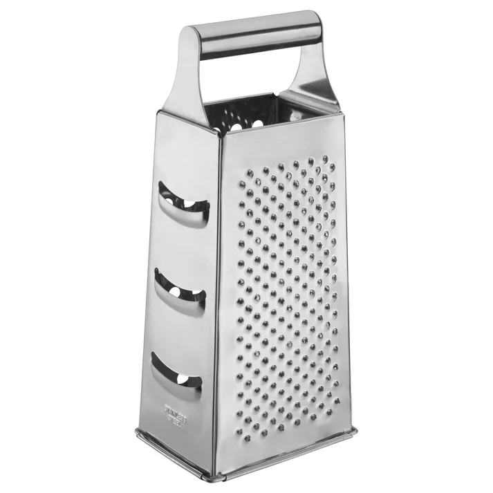 4"x3"x9" Tapered Box Grater 12/Pack use this four sided, tapered grater for grating cheese, lemon peels, ginger and other types of food. Thanks to its handle, this grater provides ease of handling during use and transport.