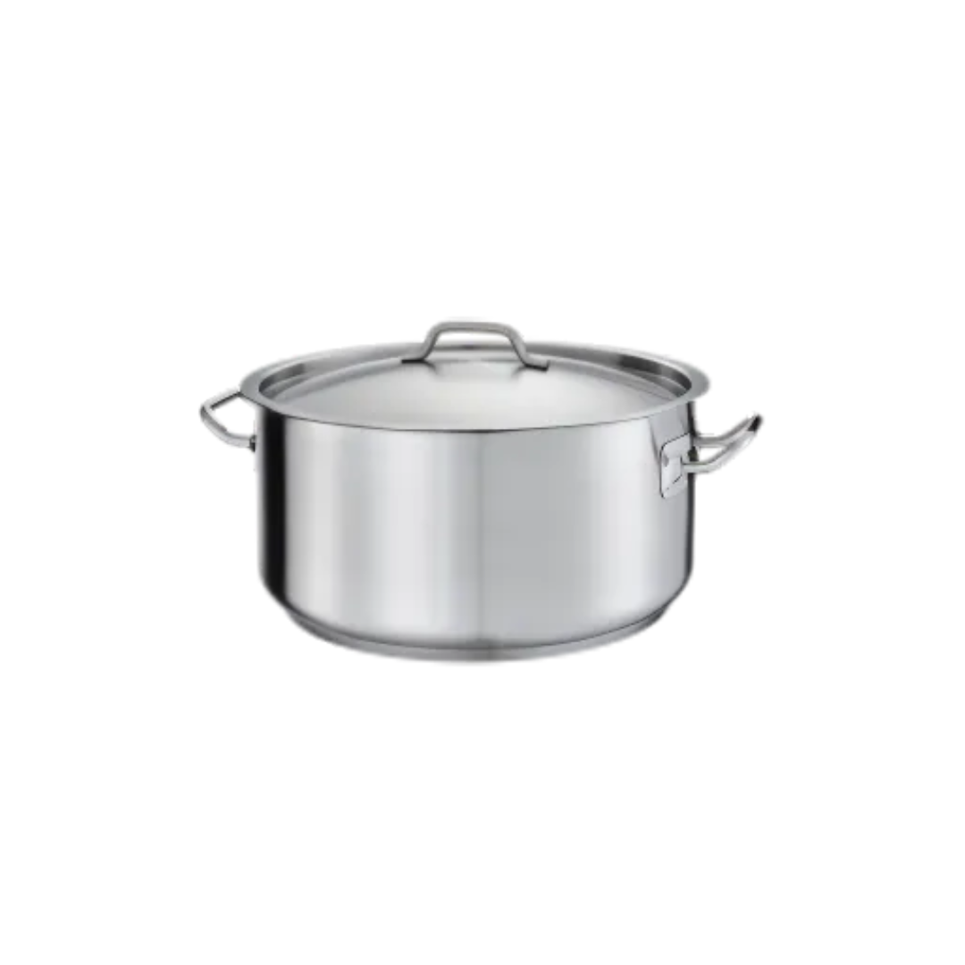 13.5-quart stainless steel brazier stanton trading with a handled cover. It features an induction-ready, 3-ply bottom made of 18/8 stainless steel with an aluminum core, ensuring even heat distribution. The sturdy side handles allow for easy handling, making it ideal for braising, slow-cooking, and simmering.